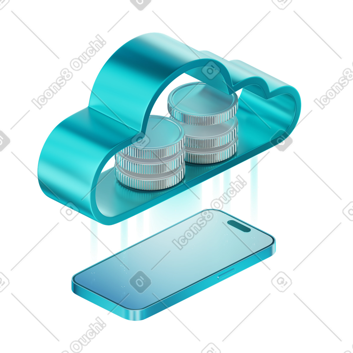 Ilustração animada de Coins moving from cloud to smartphone, Financial data sync or payment transfer em no estilo 3D Glare para baixar em GIF, Lottie (JSON), AE