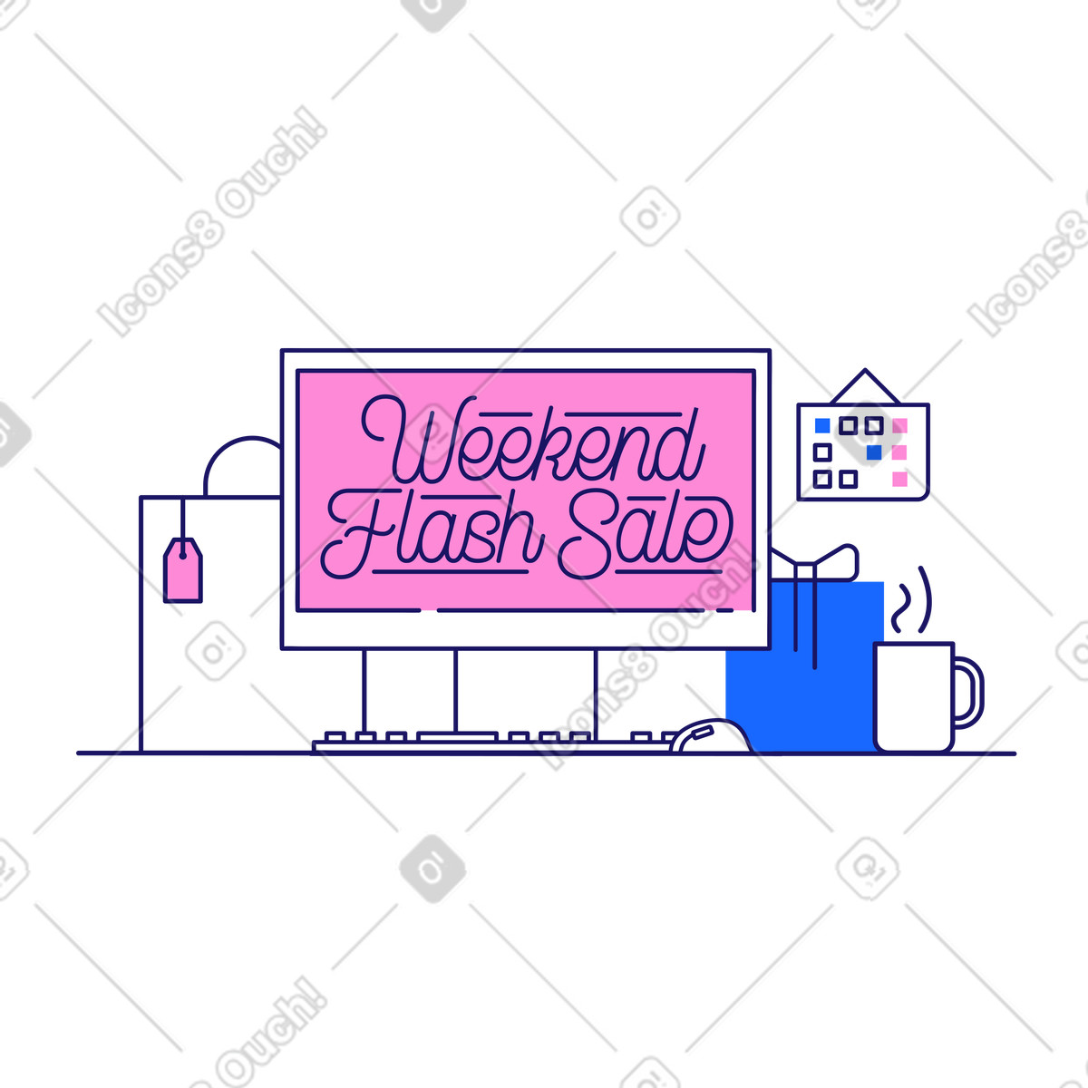 Ilustración Venta flash de fin semana letras en pantalla con bienes comprados estilo Matey a descargar PNG y SVG