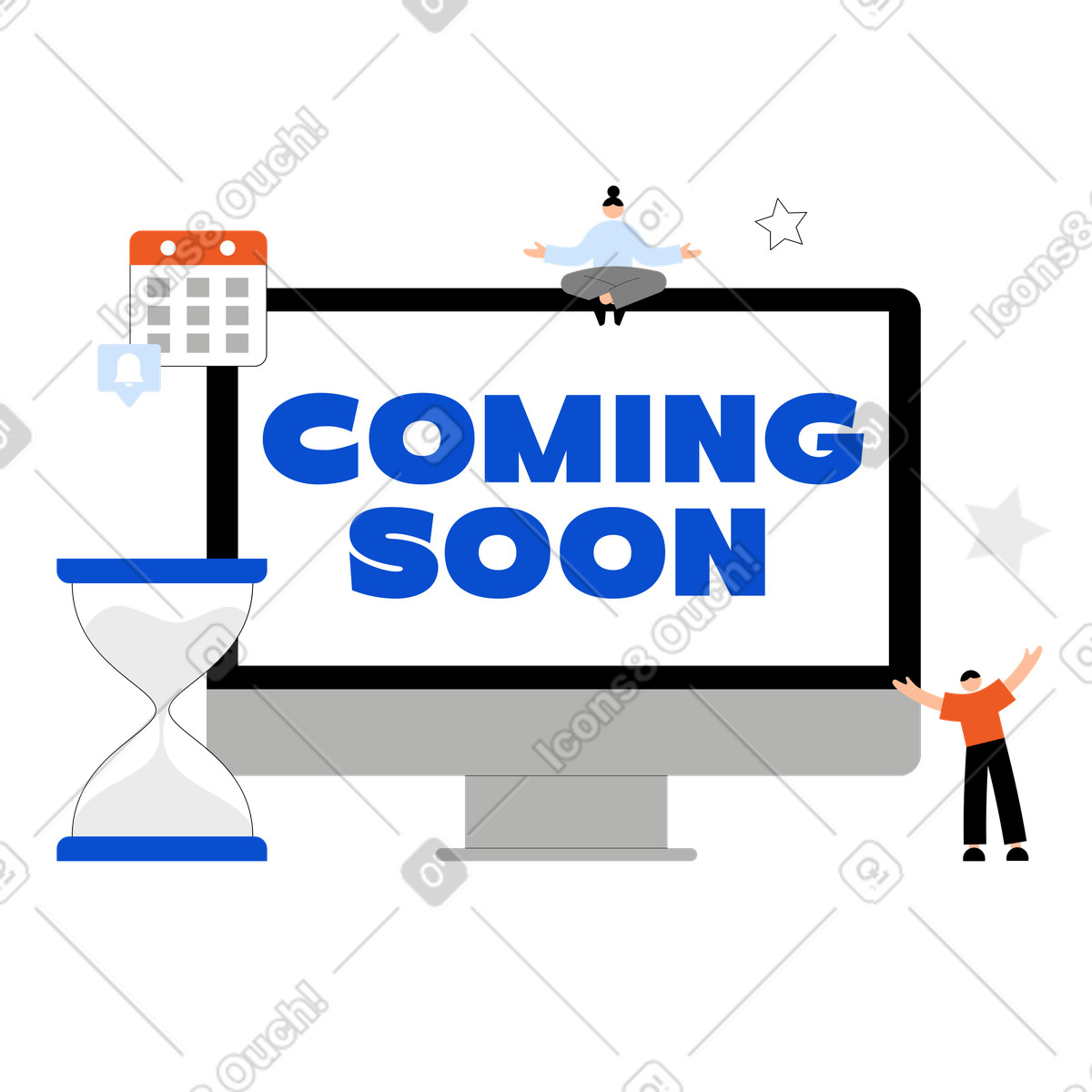Lettering Coming Soon with hourglass, calendar and notification sign text illustration in Tiny style download in PNG, SVG