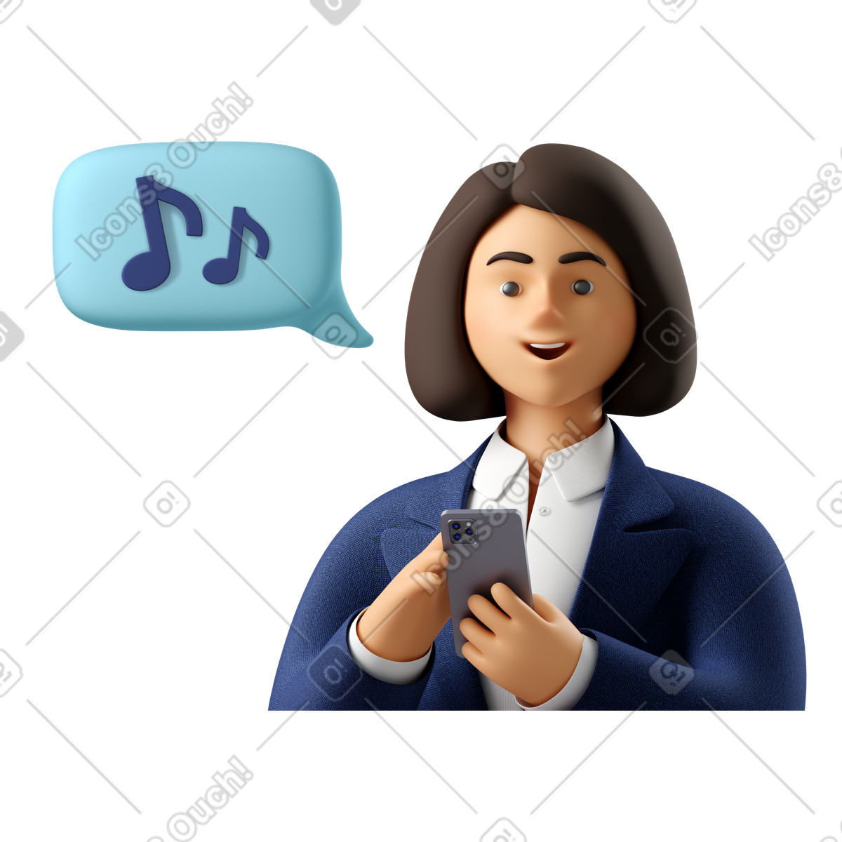 Illustration Femme recevant un message musical dans le style 3D Business à télécharger aux formats PNG, SVG