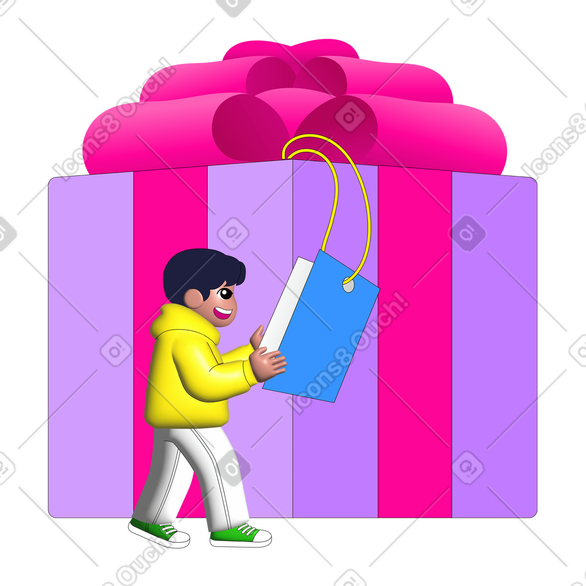 Ilustración Boy reading card on big gift en estilo Pop a descargar en PNG y SVG