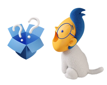 A character with glasses next to a question box - 3D Buddy style illustration