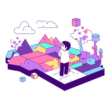 A pixelated figure representing Adam stands in a vibrant digital landscape filled with abstract geometric shapes. The landscape is composed of overlapping layers with a mixture of colors forming a grid-like pattern. Adam's figure is stylized with blocky features, and he is positioned in the center, looking around at the colorful environment. Surrounding him are floating digital elements resembling pixelated trees and cubes, creating a sense of depth and exploration in the scene.