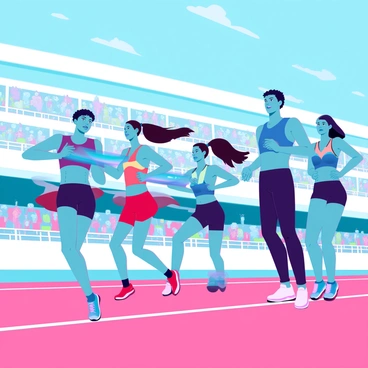 A group of four athletes in colorful athletic uniforms are sprinting on a track during a relay race. The first athlete, a man with short black hair and a determined expression, is passing a shiny baton to the next runner, a woman with long brown hair tied in a ponytail. She is poised to receive the baton, her muscular legs in motion. The third athlete, a tall man with a focused gaze, is waiting to take the baton as the second athlete approaches. The background features a clear blue sky with a few wispy clouds, and the stands are filled with cheering spectators. The track is marked with bright white lines, emphasizing the race's speed and intensity.