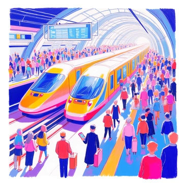 A busy futuristic transit hub features sleek, streamlined trains gliding into the station. The architecture of the hub is modern with large glass panels and metallic surfaces. A crowd of diverse commuters is present, including men and women of various ethnicities, some wearing business attire while others are dressed casually. People are engaged in different activities; some are checking their digital devices, while others converse or look at train schedules displayed on large screens. The atmosphere is vibrant and filled with the movement of travelers.