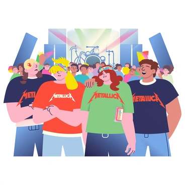 A group of fans from the 80s is gathered at a concert, displaying their enthusiasm. They are wearing "Metallica" t-shirts, featuring the band's logo in bold letters. One fan has big, voluminous hair styled in a bright, teased manner, while another has a colorful bandana tied around their head, with long, flowing hair cascading down their shoulders. The fans are surrounded by an energetic crowd, with colorful lights illuminating the scene. In the background, a stage is set up with large speakers and musical instruments ready for the performance. Each fan has a unique expression of excitement, capturing the vibrant atmosphere of the concert.