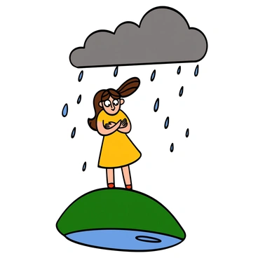 A young woman with light skin and big eyes stands on a hilltop, looking pensive. Her long, wavy brown hair blows in the wind. The sky above her is transitioning from bright sunshine to dark, ominous clouds. Raindrops begin to fall, creating a reflective puddle at her feet. She is wearing a yellow sundress that contrasts with the darkening sky, casting a shadow of uncertainty. The atmosphere is charged, reflecting her internal conflict as the weather shifts dramatically.