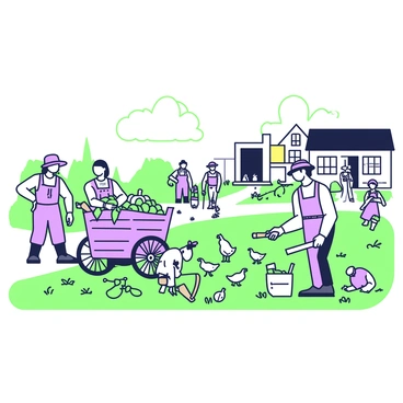 A group of settlers is actively harvesting crops in a field adjacent to a gold rush town. The settlers, dressed in period-appropriate clothing, are using wooden tools to gather ripe vegetables. In the background, a bustling gold rush town is visible with wooden buildings and a few miners walking along the dirt road, some carrying bags of gold. A wagon filled with harvested crops stands to the side, and several small animals, such as chickens, can be seen nearby. The sky is clear, providing good weather for the harvest.