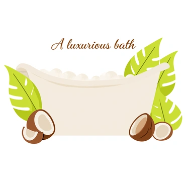 A luxurious bathtub made of white porcelain, filled with bubbles, is positioned in the center of the image. Surrounding the bathtub are green tropical leaves with a glossy finish, creating a vibrant atmosphere. Several brown coconuts are scattered around the edges of the bathtub, some whole and others sliced open, revealing their white flesh. The scene is brightened by soft, natural lighting that enhances the colors of the tropical elements. "A luxurious bath" is written in elegant lettering above the bathtub.