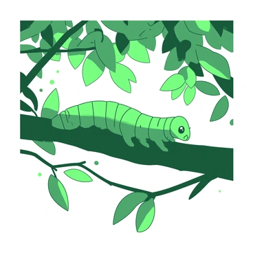 A green caterpillar is slowly crawling along a branch beneath a leafy canopy. The leaves above create a dappled light effect, casting patterns of sunlight onto the caterpillar's body. The caterpillar has tiny, detailed segments and is exploring the texture of the rough bark. Surrounding the branch are various shades of green leaves, some catching the light while others remain in shadow. Small droplets of dew can be seen on the leaves, adding a touch of clarity to the scene.