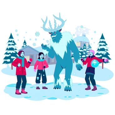 Krampus playfully engaged in a snowball fight with children