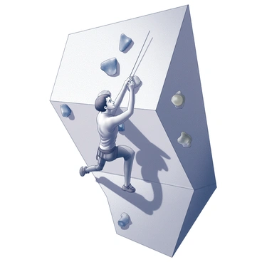 An athlete is ascending a sports climbing wall. The wall is textured and features a variety of dynamic holds, including overhangs, jugs, and crimps. The climber is focused, displaying a determined expression as they reach for the next hold with one hand while their foot is positioned on a small foothold. The background shows the climbing gym with ropes and safety mats. The athlete is dressed in climbing gear, including a harness and climbing shoes, highlighting their commitment to the sport.