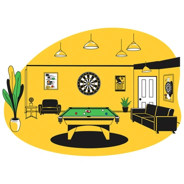 A spacious garage filled with various game equipment. In the center of the room, there is a pool table with a green felt surface and colorful billiard balls scattered across it. On the wall, a dartboard is mounted, surrounded by a few darts neatly arranged in a holder. The floor is covered with a black rug, and there are several vintage posters related to games and sports hanging on the walls. A comfortable seating area with a couple of black leather couches and a small coffee table is positioned near the pool table. Bright overhead lights illuminate the entire space, creating a lively atmosphere.