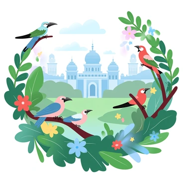 A lush tropical bird garden filled with an array of colorful birds perched on vibrant branches. The garden features a variety of exotic plants with large, green leaves and vivid flowers in shades of red, yellow, and blue. Among the greenery, several birds with bright plumage are flitting about, showcasing their vivid reds, blues, and greens. In the background, the historic Bangalore Palace looms majestically, with its distinctive architecture complementing the natural beauty of the garden. Sunlight filters through the leaves, creating a warm, inviting atmosphere.
