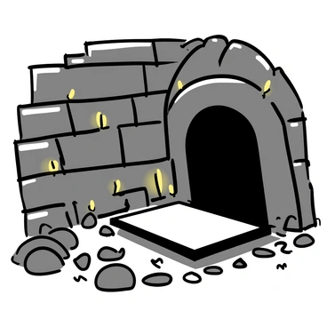 An empty tomb, featuring stone walls with a rounded archway. The interior is dim, softly illuminated by several flickering candles placed around the edges of the tomb. Shadows dance on the walls, creating a serene atmosphere. The floor is made of rough, uneven stones, and a single, large stone slab lies flat in the center of the space. The flickering candlelight casts a warm glow, highlighting the contours of the stone surfaces.