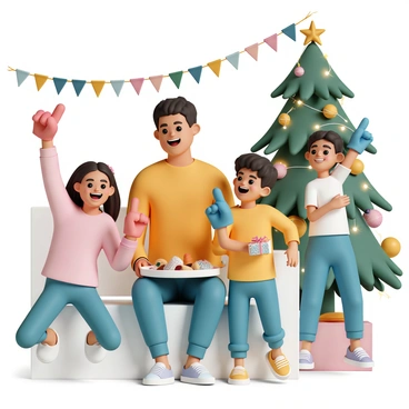 A family of four is gathered in a festive living room, decorated with colorful banners and string lights. The parents are wearing bright holiday sweaters, with the father holding a large plate of cookies. Two children, a boy and a girl, are excitedly wearing oversized foam fingers, one finger painted in a vibrant red and the other in a cheerful blue. The girl is jumping up with joy, while the boy has a big smile on his face, holding a small gift wrapped in shiny paper. In the background, a beautifully decorated Christmas tree with twinkling lights and ornaments adds to the joyful atmosphere.