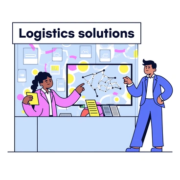 A transport broker is standing at an expo booth showcasing logistics solutions. The booth features a large banner with the words "Logistics Solutions" displayed prominently. There are several brochures neatly arranged on a table, highlighting various services offered. The broker is wearing a professional suit and is engaged in conversation with a visitor, pointing towards a digital display that shows a map with various transport routes. A backdrop of colorful graphics related to logistics and transportation is visible behind the booth, creating an inviting atmosphere.
