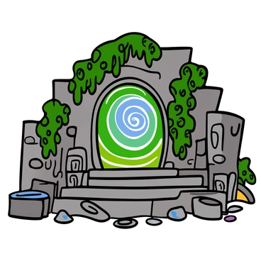 A glowing portal in the center of an ancient ruin, surrounded by crumbling stone walls covered in moss and vines. The portal emits radiant colors, swirling with energy in shades of blue, green, and purple. Fragments of broken columns and scattered stones lie around the base of the portal, while faint symbols and carvings can be seen on the ancient stones, hinting at a long-lost civilization. Soft light radiates from the portal, casting intricate shadows on the ground.