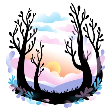 A vintage forest with tall, slender trees creates a dramatic silhouette against a colorful sunset sky. The sky is filled with gradient pastel colors, transitioning from soft pinks to warm oranges and deep purples. The tree branches are intricately detailed, with some reaching out towards the sky. The ground is covered with scattered leaves and underbrush, adding to the forest's texture. The overall composition captures the contrast between the dark silhouettes of the trees and the vibrant hues of the sunset.