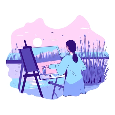 An artist stands at an easel, immersed in their work, capturing the beauty of a marsh at dawn. The artist, wearing a blue smock, holds a brush in one hand while the other gently rests on the easel. The canvas displays soft hues of light reflecting across the waters of the marsh, with delicate reeds framing the composition. In the background, a pale pink sky transitions to a deeper blue as the sun begins to rise, illuminating the scene with a gentle glow. A few birds can be seen in flight, adding life to the serene setting.