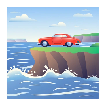 A vintage car with a shiny red exterior is parked on a rugged cliff. The car has rounded edges and chrome details, reflecting the sunlight. Below, the ocean waves are crashing against the rocky shore, creating white frothy sprays of water. The sky is a brilliant blue with a few fluffy white clouds scattered throughout. In the distance, there are hints of distant cliffs and a coastline. The grass on the cliff is a vibrant green, contrasting against the earthy tones of the rocks.