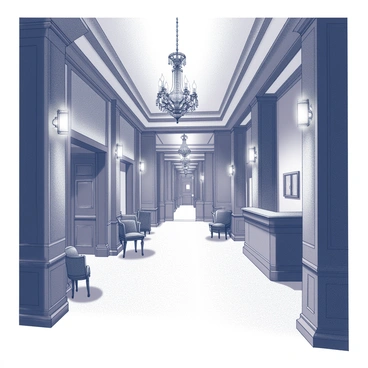 A hotel lobby with high ceilings and ornate architectural details. The entrance is flanked by tall, dark wooden columns and a polished marble floor. Long, dimly lit corridors stretch out from the lobby, leading to various doorways. Flickering lights cast shifting shadows across the space, creating an unsettling atmosphere. A large chandelier hangs from the ceiling, with intricate designs and an antique finish. Sparse, elegant furniture is arranged in the lobby area, including a few antique chairs and a reception desk that appears slightly worn. The overall ambiance is both grand and slightly ominous.