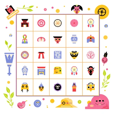 A colorful loto game board featuring a grid layout filled with various traditional symbols and themes from different countries. Each square contains an illustration, such as "a red Japanese torii gate," "an intricate Indian mandala," "a blue and white Greek vase," and "a vibrant African mask." Surrounding the board are small tokens representing cultural items, including "a Chinese lantern," "a Native American dreamcatcher," and "a Scottish thistle." The background is a lively mixture of patterns and colors, incorporating elements inspired by various cultures to enhance the vibrancy of the scene.
