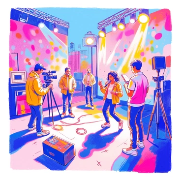 A film crew is on location capturing a music video scene. There are several crew members, including a director with a clipboard, a camera operator adjusting the camera, and a sound engineer holding a microphone. The scene features colorful, dynamic backdrops, including vibrant graffiti walls and a large, abstract mural. Brightly colored spotlights are set up to illuminate the scene. In the foreground, a musician with a microphone is performing energetically, dressed in stylish attire. Various props like speakers and musical instruments are scattered around the set, adding to the lively atmosphere.