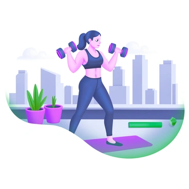 A woman performing dumbbell bicep curls stands confidently on a city rooftop. She has an athletic build and wears a fitted tank top and sleek leggings. Her hair is tied back in a ponytail, and she exhibits concentration as she lifts a dumbbell in each hand. The skyline of the city can be seen in the background, with various buildings of different heights. The rooftop is equipped with a few green plants in pots and a yoga mat laid out nearby. The scene captures a sense of urban fitness and determination.