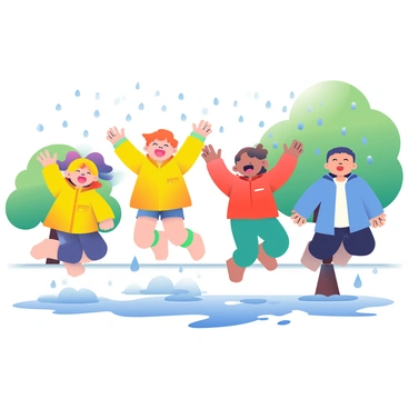 A group of four kids are gleefully jumping in puddles after a rain shower. Two of the kids are wearing bright yellow raincoats, while another is in a red rain jacket and the fourth is dressed in blue. Water splashes up around them as they leap, creating arcs of droplets in mid-air. Their expressions are joyful, with wide smiles and laughter evident on their faces. The ground is wet and reflects the gray sky above, with puddles varying in size scattered around them. In the background, green trees are glistening from the rain, adding a vibrant contrast to the scene.