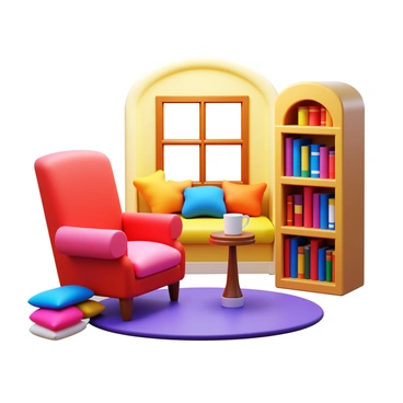 A 3D cozy reading nook featuring a plush armchair with soft cushions. A small bookshelf is positioned nearby, filled with an assortment of colorful books. The nook includes a window seat adorned with decorative pillows, inviting a sense of relaxation. Warm lighting illuminates the area, creating a welcoming atmosphere. A few scattered blankets are draped over the armchair and window seat, enhancing the comfort of the space. A small side table next to the armchair holds a steaming cup of tea.