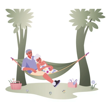 A digital flat illustration depicting a hammock stretched between two tall green trees. The hammock is occupied by an elderly couple napping peacefully. The man on the left has gray hair and is wearing a light blue shirt and beige shorts. The woman on the right has white hair in a bun and is dressed in a floral dress with bright colors. Sunlight filters through the leaves, casting soft shadows on the ground. There are small wildflowers blooming around the base of the trees and a gentle breeze is indicated by a few fluttering leaves. A small picnic basket is placed nearby on the grass.