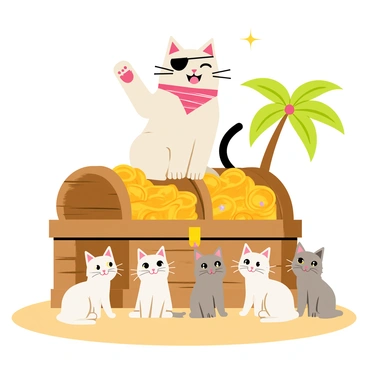 A cartoon-style illustration of a pirate cat with a black eyepatch and a striped red bandana sitting atop a large wooden treasure chest filled with gold coins and sparkling jewels. The pirate cat has a joyful expression as it gestures with one paw, telling exciting stories. Around the treasure chest, a group of small, playful kittens with various fur patterns and colors, including a fluffy white kitten, a tabby with orange stripes, and a gray kitten, sit attentively, their eyes wide with fascination. The setting includes palm trees and a sandy beach in the background, enhancing the adventurous atmosphere.