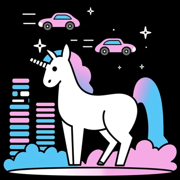 A unicorn with a shimmering white coat and a spiraled horn stands on a metallic platform. The cityscape around it features tall, sleek skyscrapers adorned with vibrant neon lights in shades of blue and pink. Above, flying cars zip through the sky, their headlights creating streaks of light against the dark backdrop. The ground is covered in a smooth, reflective surface, mirroring the bright colors of the neon signs.