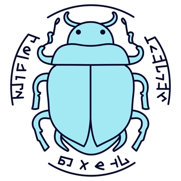 A scarab amulet shaped like an ancient Egyptian beetle, featuring a shiny turquoise-colored surface. The amulet has distinct markings that represent the beetle's features, including intricate wing patterns. Surrounding the scarab are engraved hieroglyphs in a dark color that contrast with the turquoise, depicting various symbols and characters. The overall design is simple yet detailed, focusing on the shape of the amulet and the clarity of the hieroglyphs.