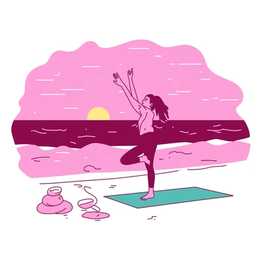 A pink beach at sunset with waves gently lapping at the shore. A person is practicing yoga poses on the sand, their silhouette outlined against the vibrant colors of the sky. The person is in a balanced pose, with one leg raised and arms extended gracefully. Nearby, there is a small stack of smooth white stones, and a teal yoga mat lies spread out beneath them. The atmosphere is tranquil as the sunset casts a warm glow over the scene.