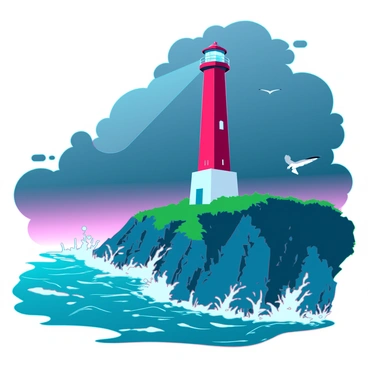 A tall red lighthouse with a white base, standing majestically on a rugged, rocky cliff. The lighthouse is topped with a bright light, illuminating the dark, stormy sea below. Waves crash violently against the rocks, sending sprays of water into the air. Dark, ominous clouds gather in the sky, creating a dramatic backdrop. The cliffside is dotted with patches of green vegetation, contrasting with the harshness of the rocks and the intensity of the storm. Seagulls are seen flying against the tumultuous sky.