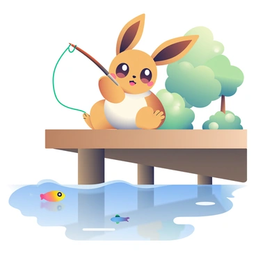 An Eevee with shiny fur is sitting at the edge of a wooden dock. The Eevee has large, expressive eyes and big ears perked up in curiosity. It is holding a fishing rod with its paw, and the line is cast into the calm, blue water below. A few colorful fish can be seen swimming just beneath the surface. The dock is surrounded by gentle waves, and there are green trees in the background reflecting in the water. Soft ripples create a tranquil scene, enhancing the peaceful atmosphere of the moment.