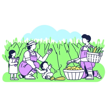 Job and his family joyfully harvesting crops in a lush, green field
