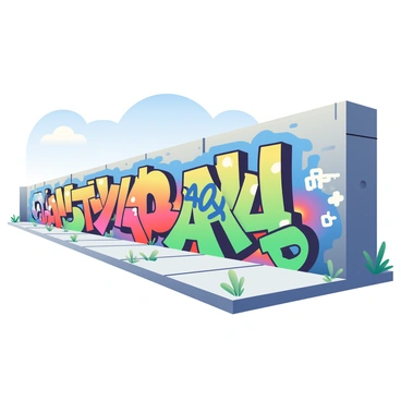 A large city wall stretches across the scene, its surface covered in vibrant graffiti art. The graffiti features a variety of colors, including bright blues, reds, yellows, and greens, creating a lively atmosphere. Several distinct designs are visible, such as abstract shapes, stylized letters, and playful characters. The wall is made of rough, gray stone, with some patches of peeling paint revealing the texture underneath. In front of the wall, a narrow sidewalk is lined with small plants peeking through the cracks, adding a touch of nature to the urban landscape. A clear blue sky is visible above, enhancing the colors of the graffiti.