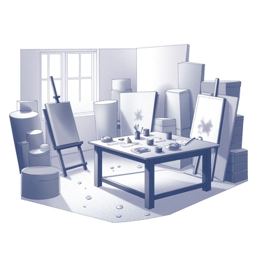 An artist’s studio filled with canvases and art supplies, illustrated in fine lines.
