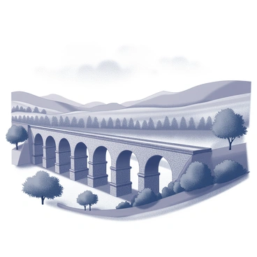 A historic stone aqueduct arches gracefully across a scenic valley. The structure features multiple rows of evenly spaced, round arches that support the elevated waterway. Lush greenery surrounds the base of the aqueduct, with trees and shrubs dotting the landscape. In the background, gentle hills rise, creating a natural frame for the scene. Soft shadows play across the stone, emphasizing its texture and age. The sky above is dotted with clouds, contributing to the overall picturesque atmosphere.