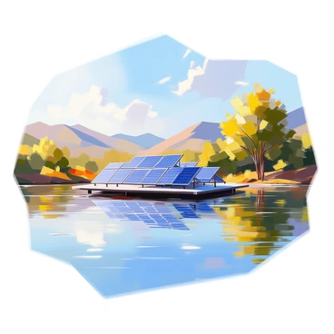 A cluster of solar panels arranged in a geometric pattern, floating on the smooth surface of a tranquil lake. The panels are reflecting the clear blue sky above and the soft ripples of the water. Surrounding the lake are lush green trees, their leaves casting gentle shadows on the water. In the distance, gentle hills can be seen, completing the serene landscape. The sunlight is creating glimmers on the surface of the lake, enhancing the peaceful atmosphere.