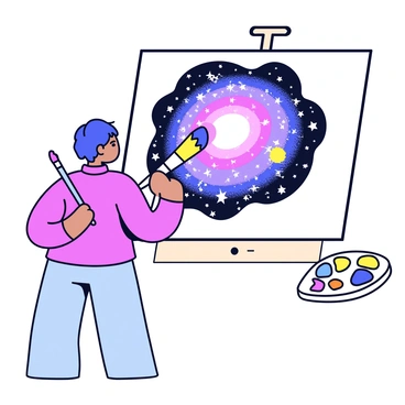 An artist is standing in front of a large canvas, focused on painting. The canvas is predominantly white with hints of blue, purple, and black swirling colors. The artist holds a paintbrush in their hand, which has vibrant colors on the bristles. As the brush moves across the canvas, it creates a detailed spiral galaxy with each stroke, featuring twinkling stars and luminous nebulae. The artist's palette is nearby, displaying a range of colors, including bright yellow, deep blue, and vivid pink, which are used to enhance the cosmic scene.