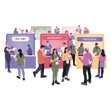 A digital flat illustration depicting a bustling job fair filled with various colorful booths. Each booth is designed in a different color, showcasing companies from different sectors. On the left, there is a blue booth featuring a large sign that reads "Tech Jobs" in white lettering, with a person at the booth wearing glasses, speaking to a job seeker. In the center, there is a red booth with a banner that says "Healthcare Careers," where a woman in green scrubs is handing out brochures to a group of interested candidates. To the right, there is a yellow booth labeled "Creative Industries," where a man in a vibrant shirt is animatedly discussing opportunities with a young woman. Job seekers of diverse backgrounds and clothing styles, some holding resumes and others asking questions, are scattered throughout the scene, creating an energetic and dynamic atmosphere.