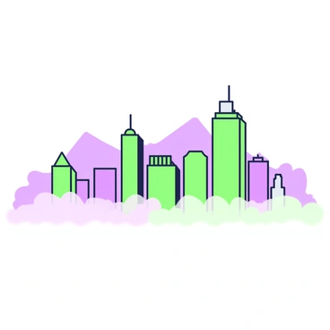 A city skyline with a variety of tall buildings is visible. The buildings are outlined clearly against the sky. The skyline features different architectural styles, with a mix of modern skyscrapers and older structures. Surrounding the city, there is a haze of smoke rising, creating a soft, blurred outline of the buildings. The smoke appears dense and covers the lower part of the skyline, while the upper sections of the buildings are still somewhat visible. In the distance, silhouettes of mountains can be seen beyond the city, partially obscured by the smoke.