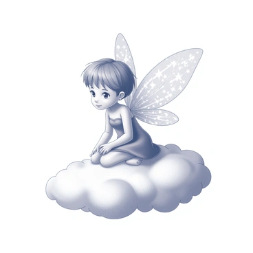 A tiny fairy sitting on a small, fluffy cloud with sparkling wings