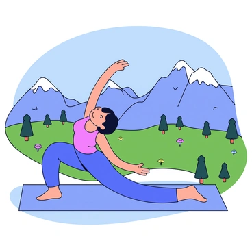 A person in a yoga outfit is practicing the "thread-the-needle" pose on a rocky mountain peak. The individual is positioned on a yoga mat, with one arm extended underneath their body and the opposite arm reaching upwards towards the sky. The mountains in the background are rugged and steep, surrounded by a vast blue sky. Below, a green valley stretches out, dotted with trees and patches of wildflowers. The scene captures the essence of tranquility and focus.