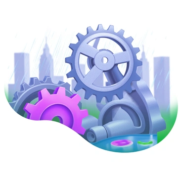 A close-up view of large exposed cogs and gears, intricately designed with various textures. The gears are rotating in motion, creating a sense of mechanical activity. The surface of the cogs glistens with moisture as rain falls around them, creating small droplets that bead on the metal surfaces. The background is a blurred cityscape shrouded in rain, providing context to the industrial scene. A few puddles form at the base of the machinery, reflecting the gears above. The overall composition highlights the contrast between the shiny, wet metal and the gloomy, rainy environment.