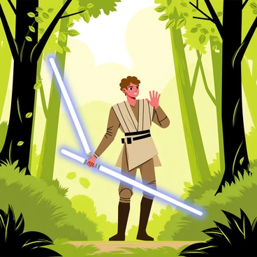 Anakin Skywalker stands confidently in a dense forest, surrounded by tall green trees and thick underbrush. His blue lightsaber is ignited, casting a vibrant glow. Anakin extends one hand forward, channeling his power as he performs a force push. Leaves and branches fly away from him in a whirlwind, creating a clear path in front of him. The sunlight filters through the canopy above, illuminating the scene with dappled light. His face shows determination and focus as he moves through the forest.